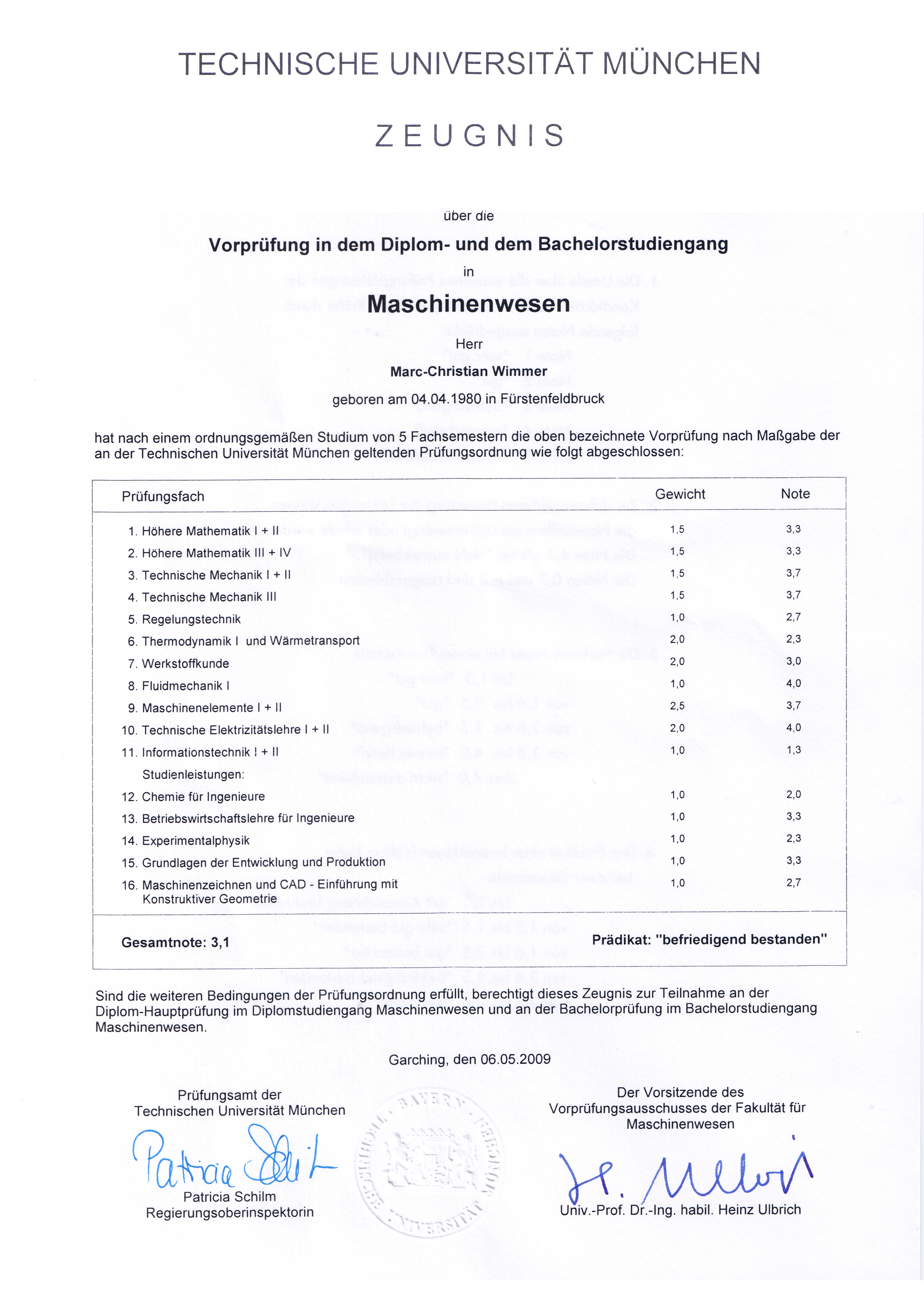 Vordiplomszeugnis Deutsch
